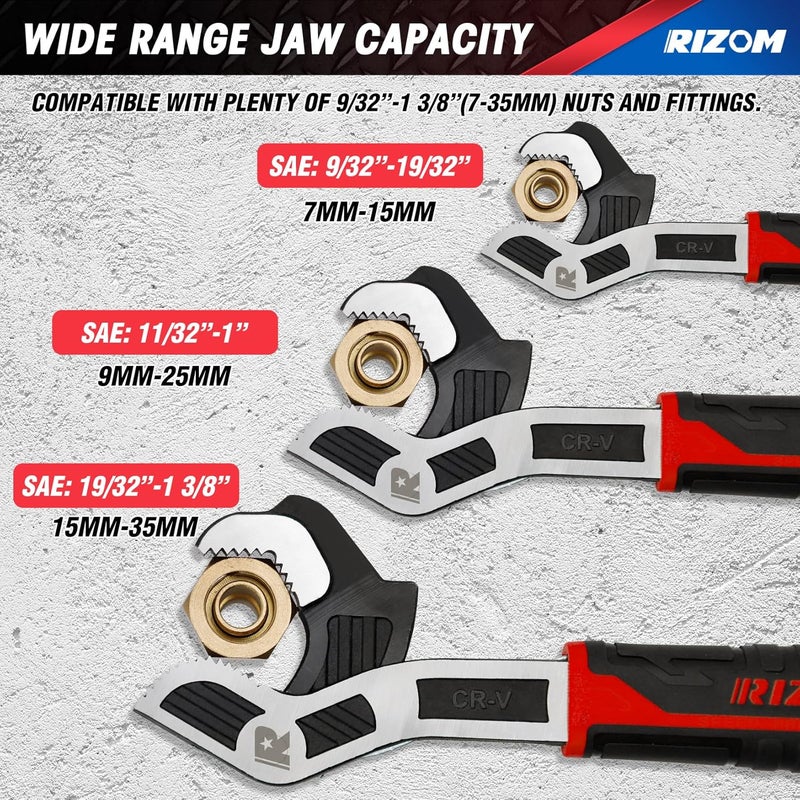 Rizom Pipe Wrench Set, 6” 8” 10” Self Adjusting Wrench, Plumbers Wrench with Self Tightening Function for 9/32”-1 3/8” (7-35mm) Pipe Fittings and Nuts - Image 3